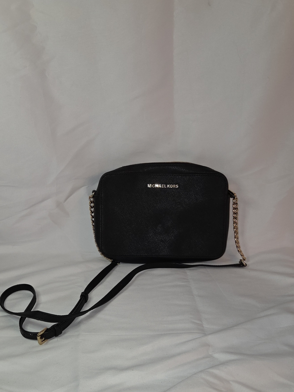 Michael Kors Black Leather Crossbody with Gold Chain Detail